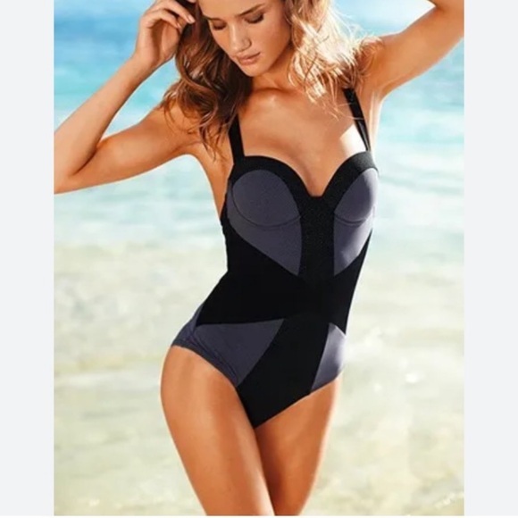 SPANX Black and Gray Swiss Dot Structured Colorblock One Piece Swimsuit Size 14 - Picture 1 of 16